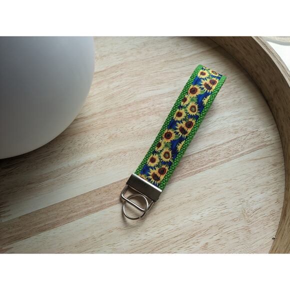 Sunflower Keychain Wristlet Feather Boho Fabric Key Ring FOB Green Floral Gift - Picture 3 of 7